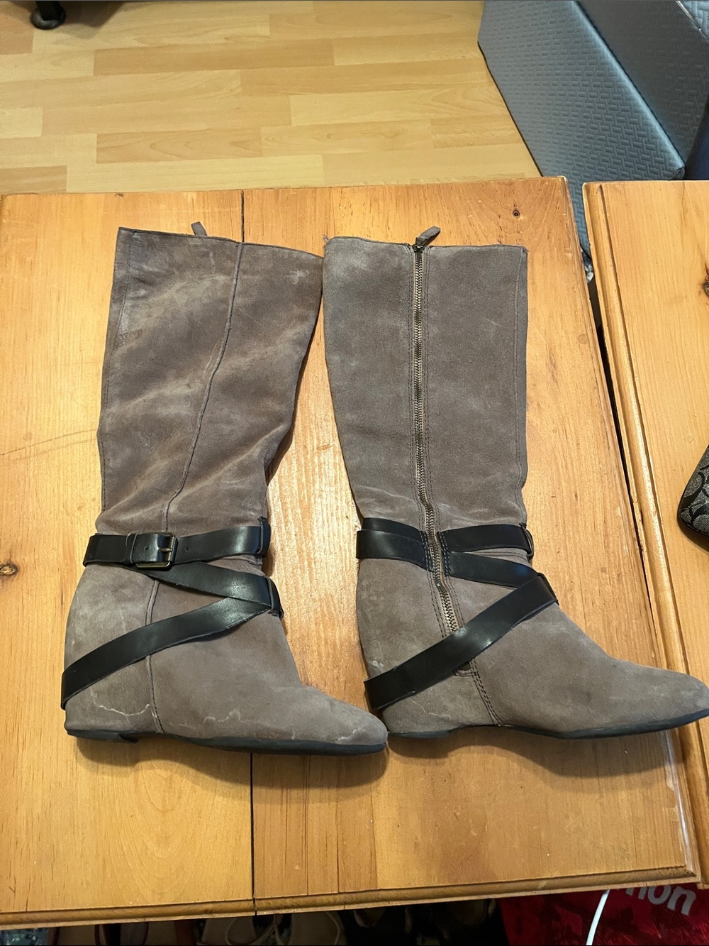Franco Sarto Taupe Suede Slouch Ankle Boots with Black Strap
